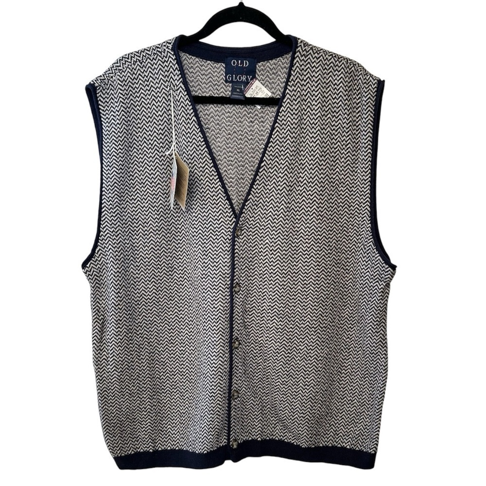 NWT VTG Old Glory Mens XL Blue Knit Sweater Vest Button Up Golf Preppy Nerd
